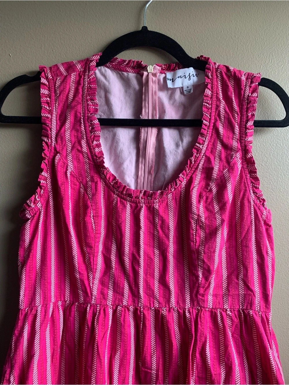 Maisie Women's Berry Pink Striped Sleeveless Tiered 100% Cotton Midi Dress